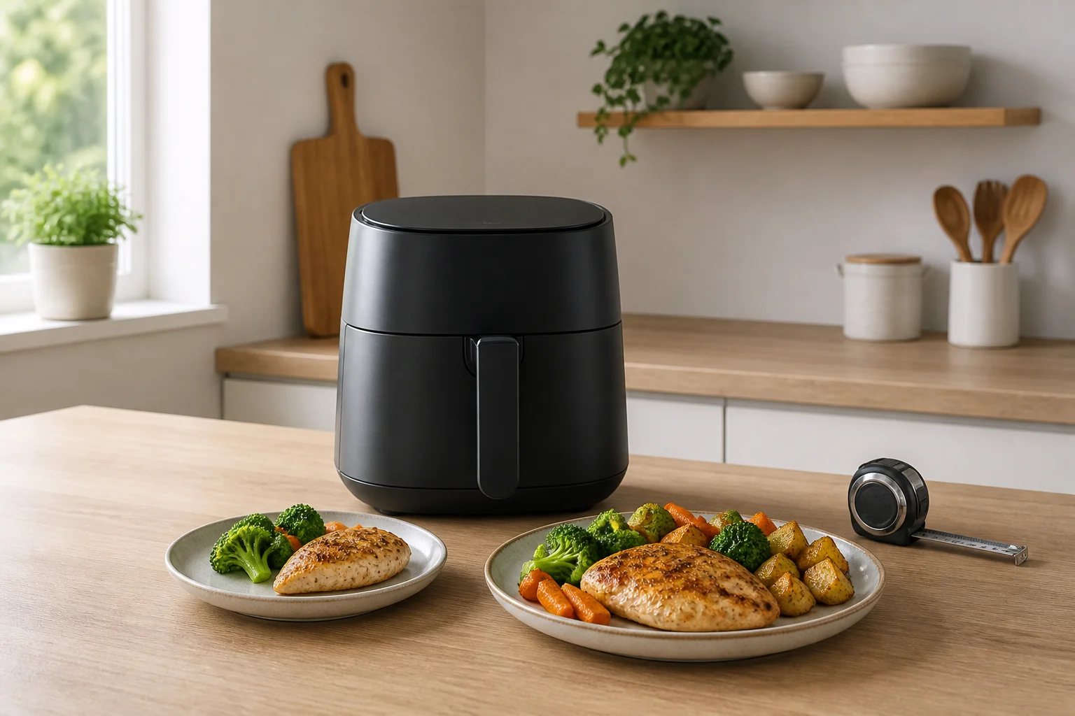 Air fryer compact și două farfurii cu porții de legume și carne într-o bucătărie luminoasă