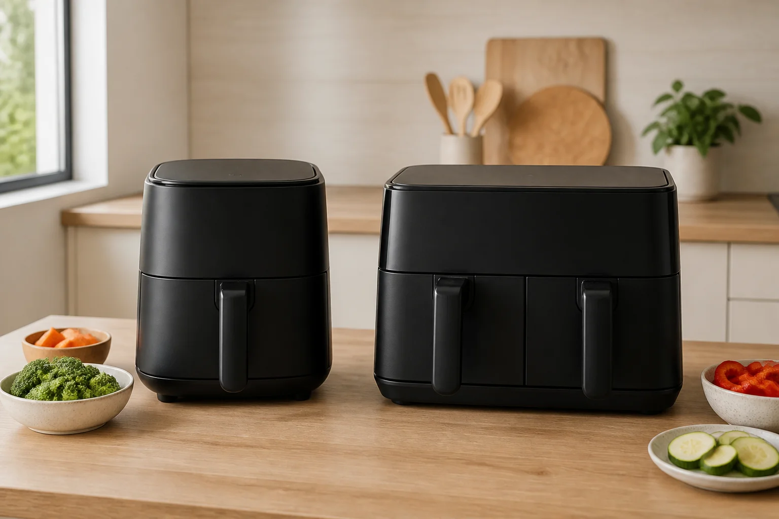 Air fryer simplu și air fryer cu două sertare așezate pe un blat de bucătărie