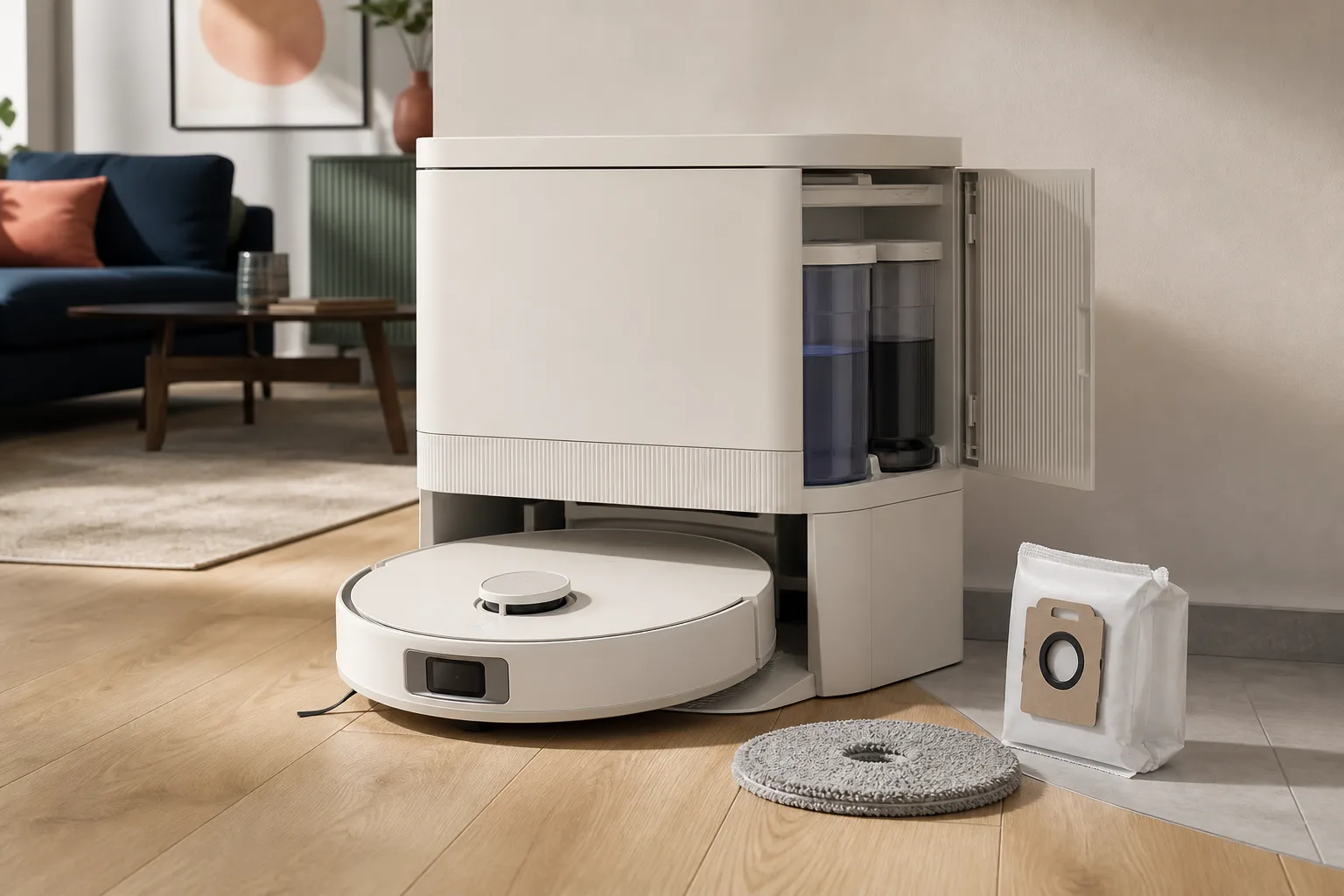 Aspirator robot fără marcă și stație cu rezervoare de apă și consumabile