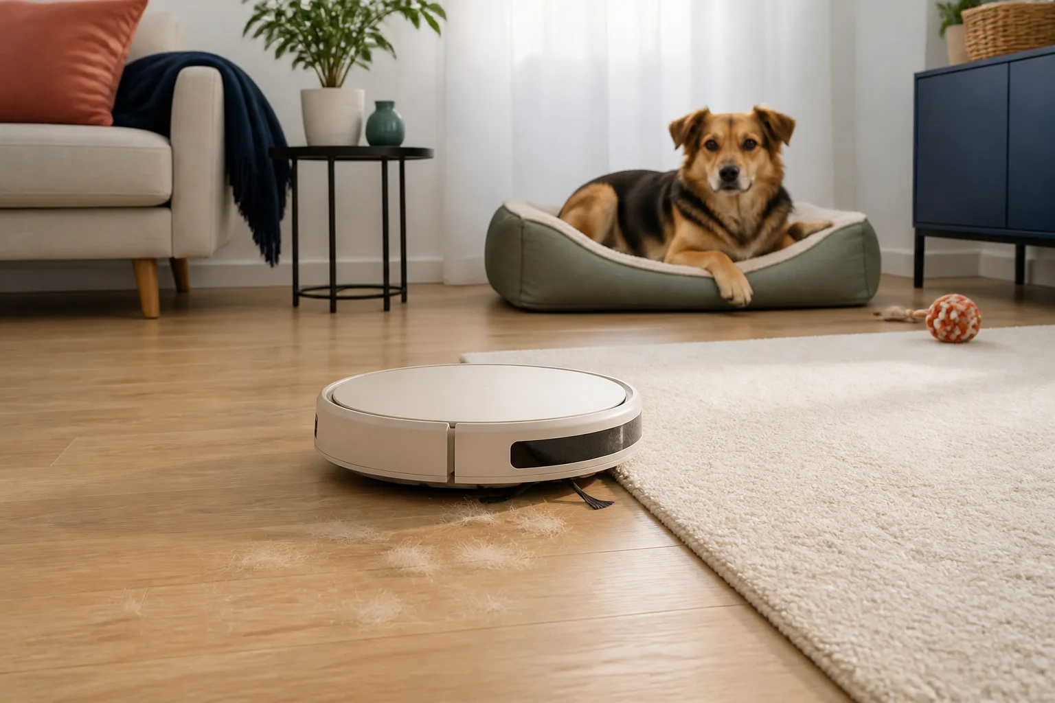 Aspirator robot fără marcă lângă un covor, într-o cameră cu un câine