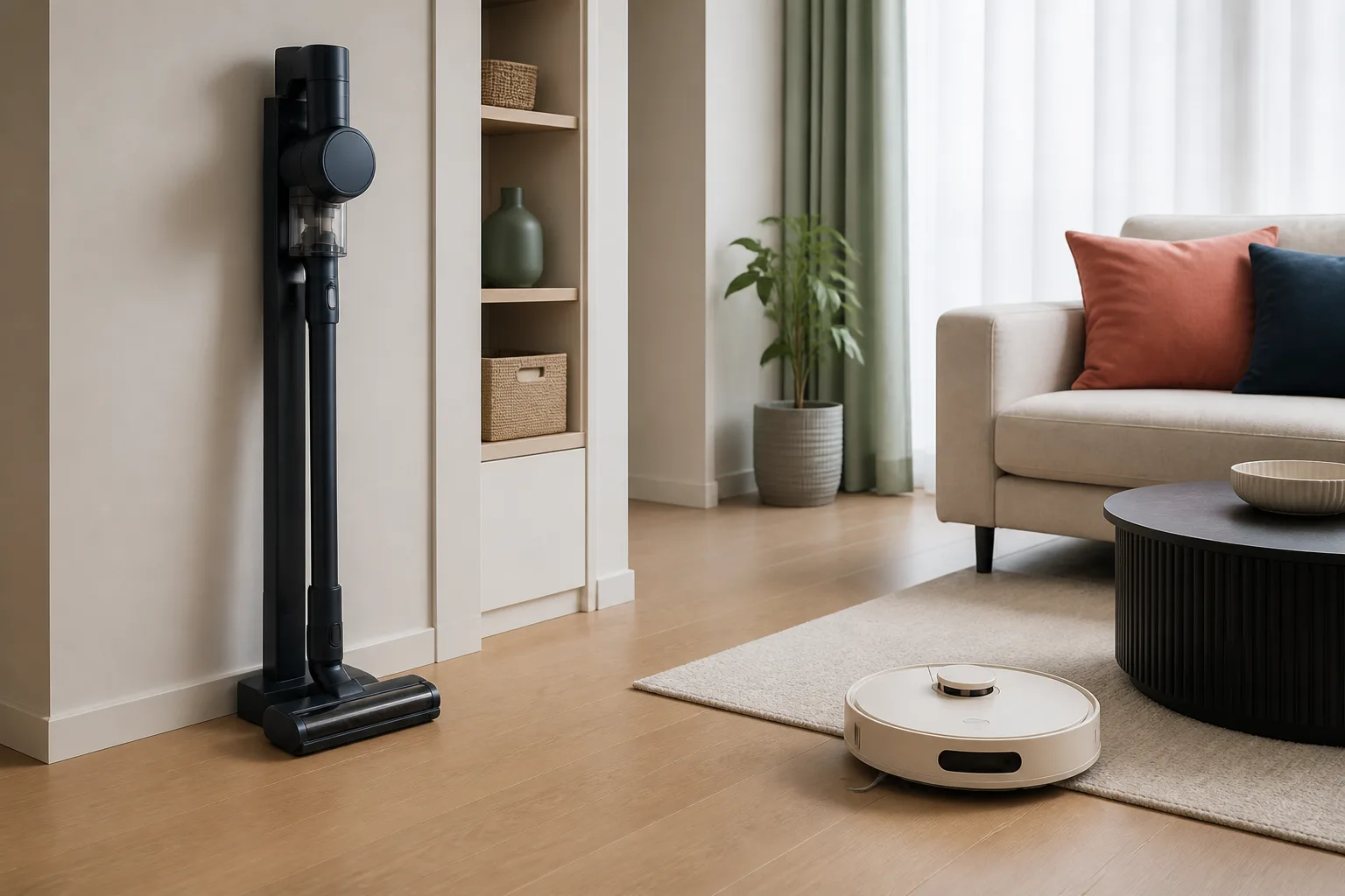 Aspirator vertical și aspirator robot fără mărci într-un living mic