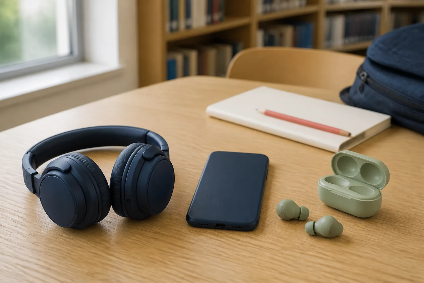 Căști over-ear bleumarin și earbuds verzi cu carcasă pe masa unei biblioteci