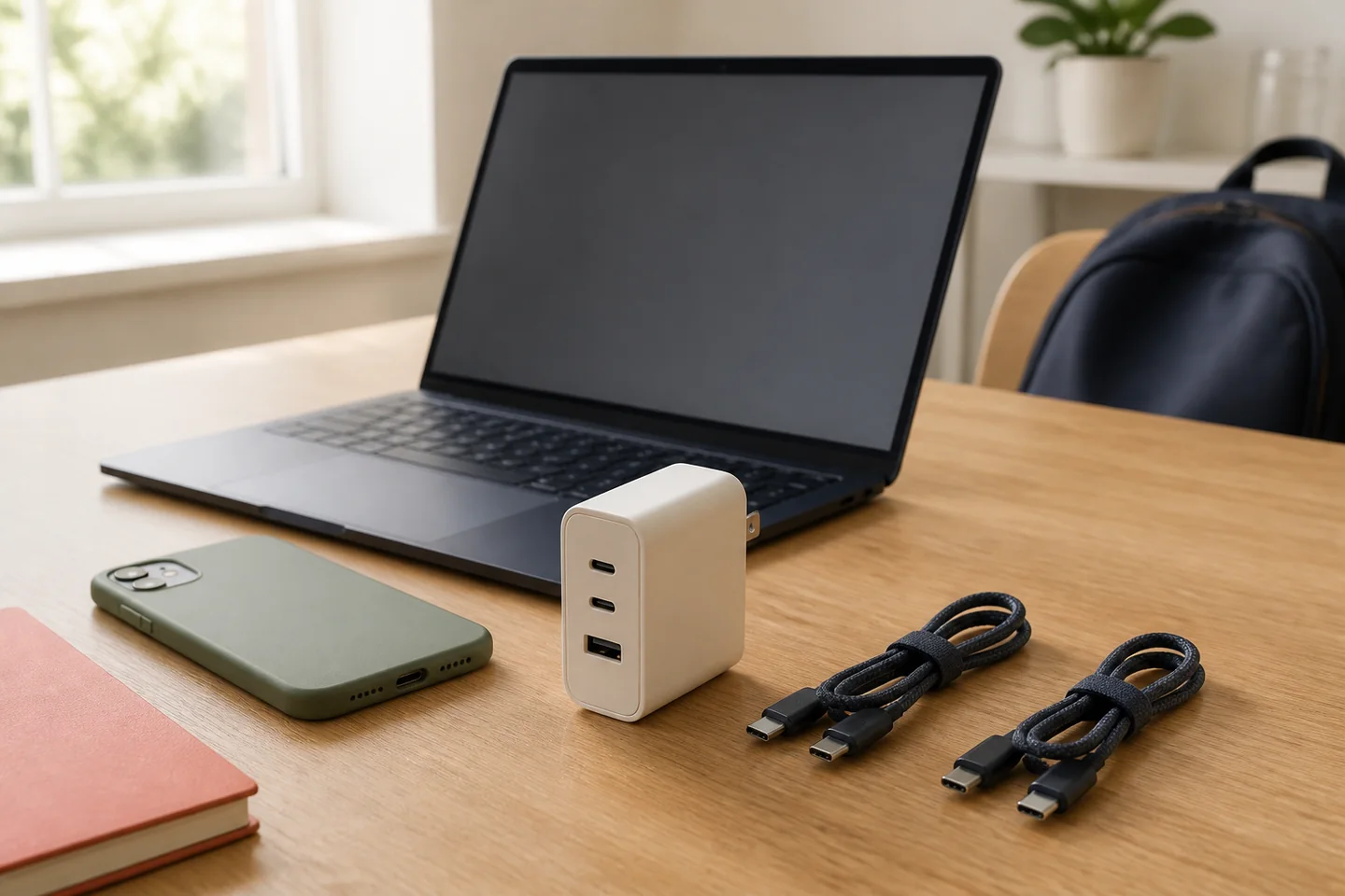Încărcător compact crem cu două porturi USB-C și un port USB-A, lângă laptop și telefon