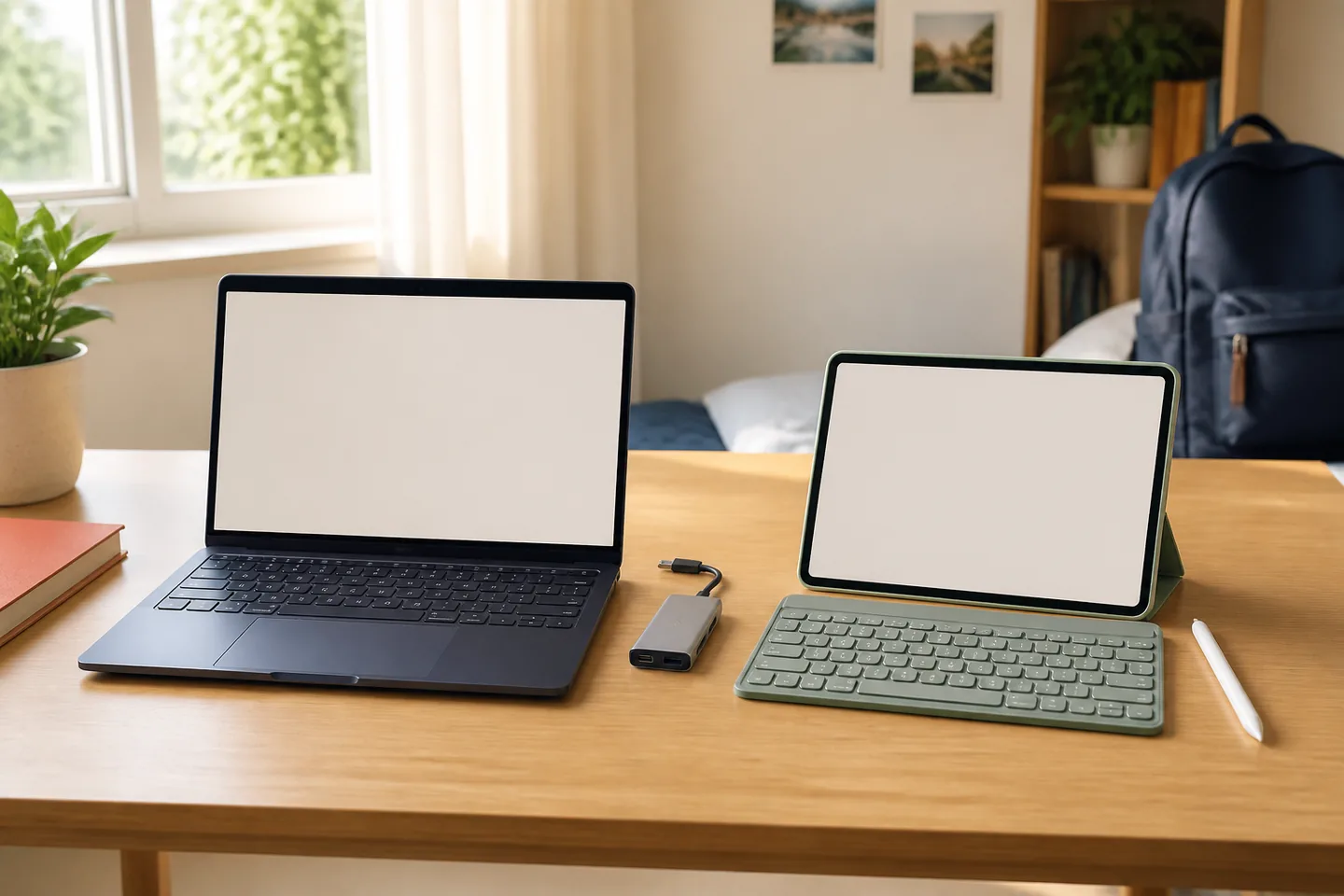 Laptop bleumarin și tabletă verde cu tastatură, stylus și hub USB-C pe un birou de student