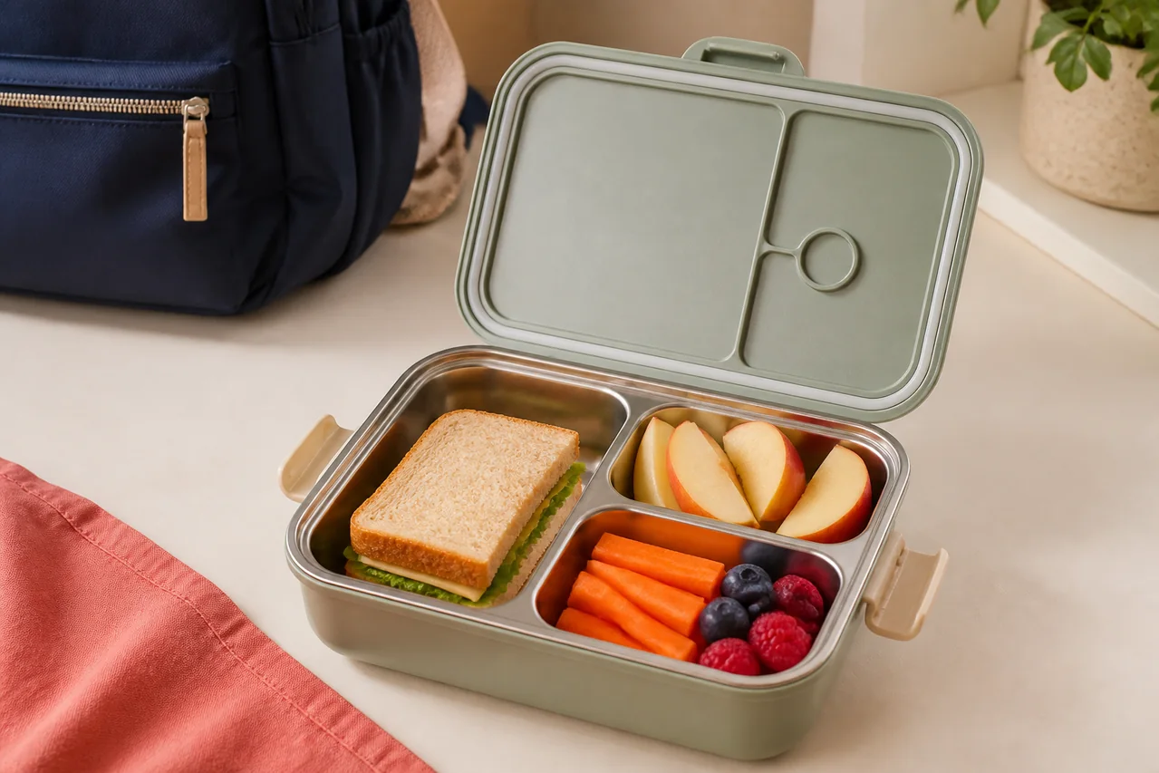 Lunch box pentru școală cu trei compartimente, tavă din inox și garnitură vizibilă