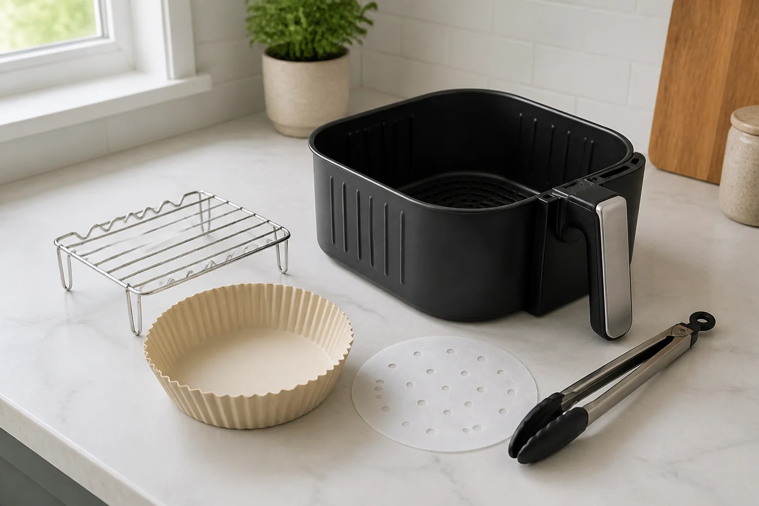 Coș de air fryer cu grătar metalic, formă de silicon, hârtie perforată și clești