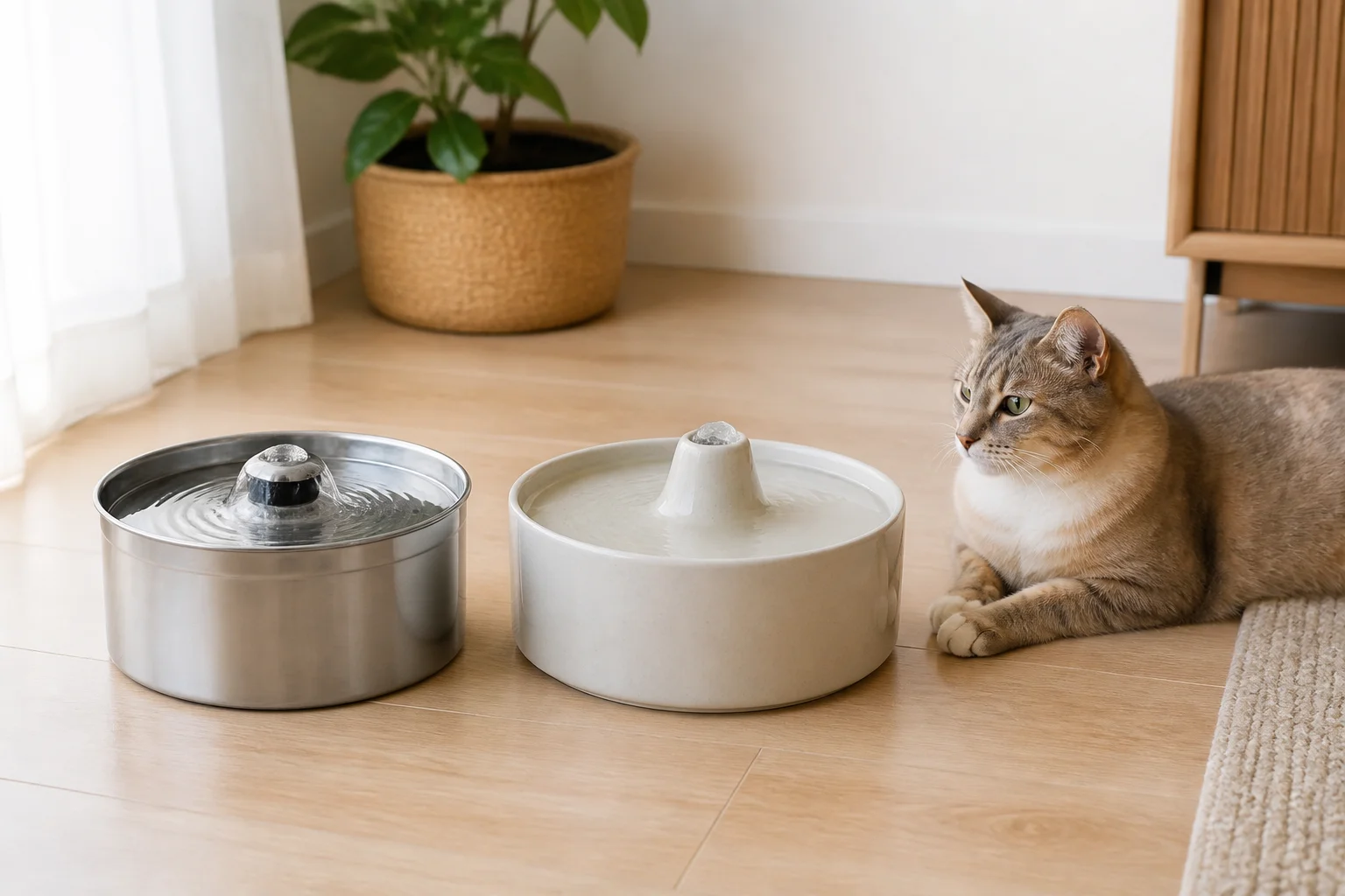 Fântână de apă pentru pisici din inox și fântână ceramică așezate pe podea lângă o pisică