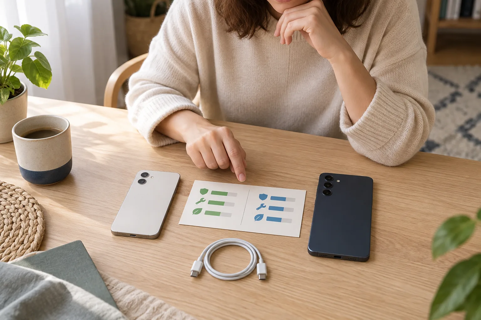 Două telefoane fără marcă pe o masă, lângă un card vizual abstract de comparație a durabilității