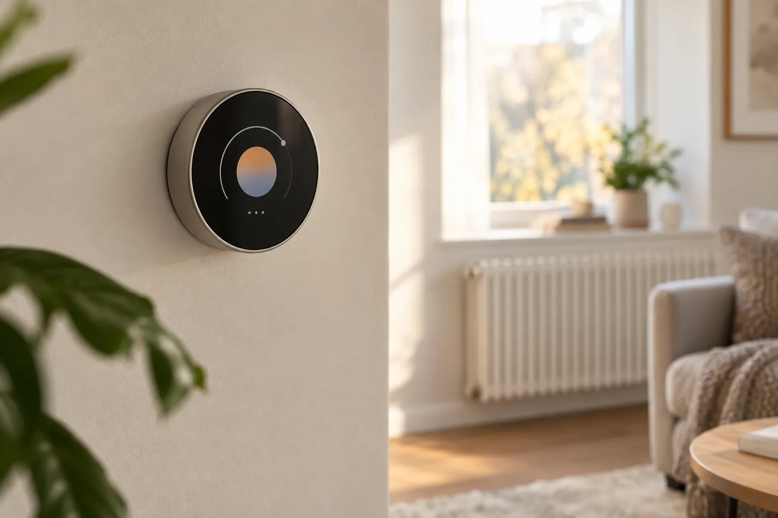 Termostat smart fără marcă pe un perete de living, lângă un radiator