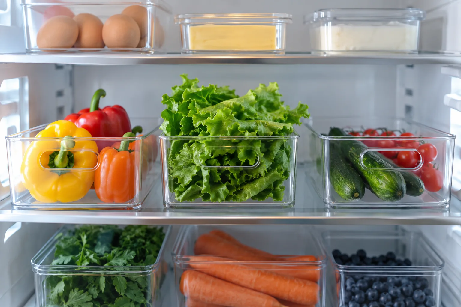 Cutii transparente cu legume organizate pe rafturile unui frigider