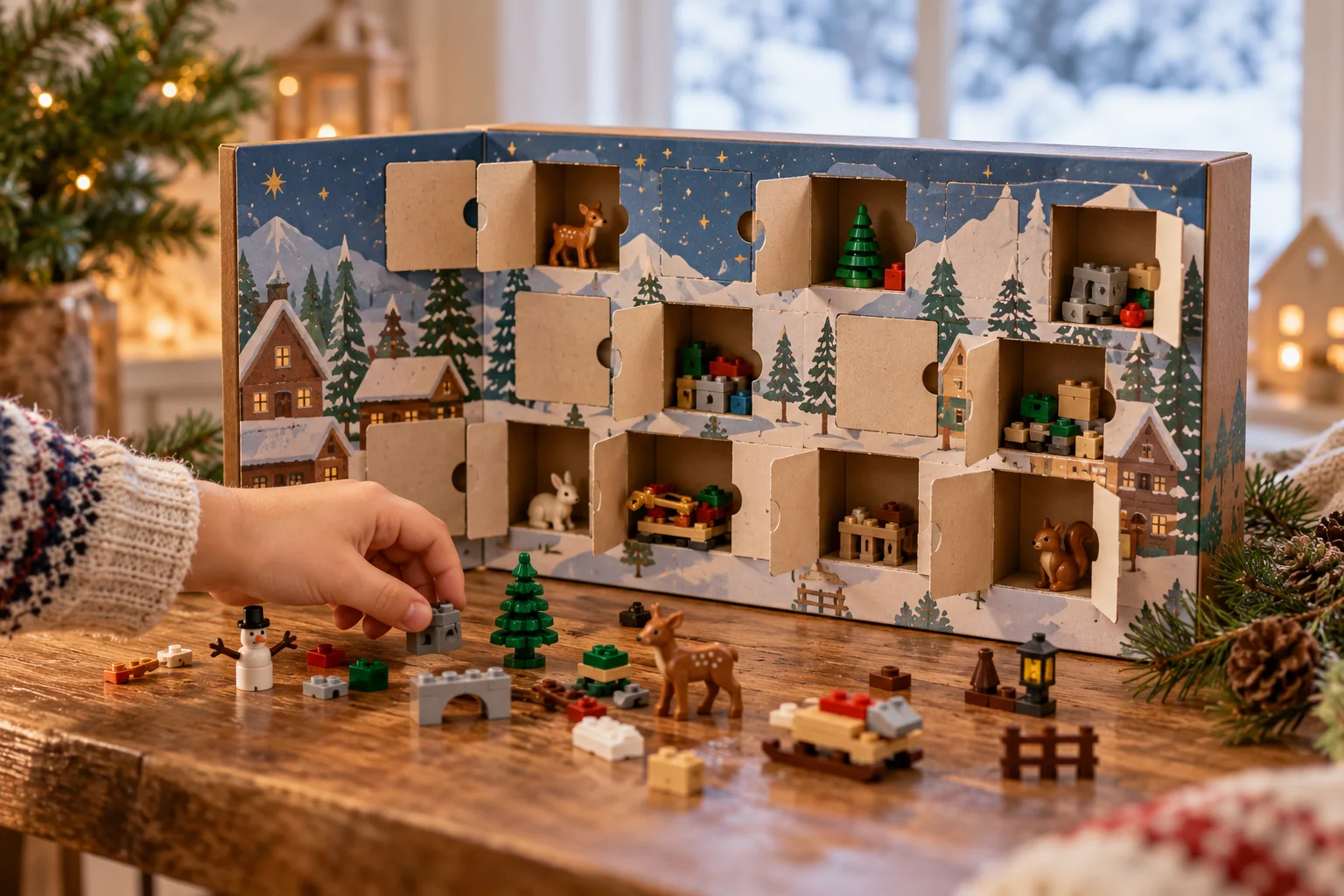 Calendar Advent cu mici jucării generice pe o masă de lemn într-un decor de iarnă