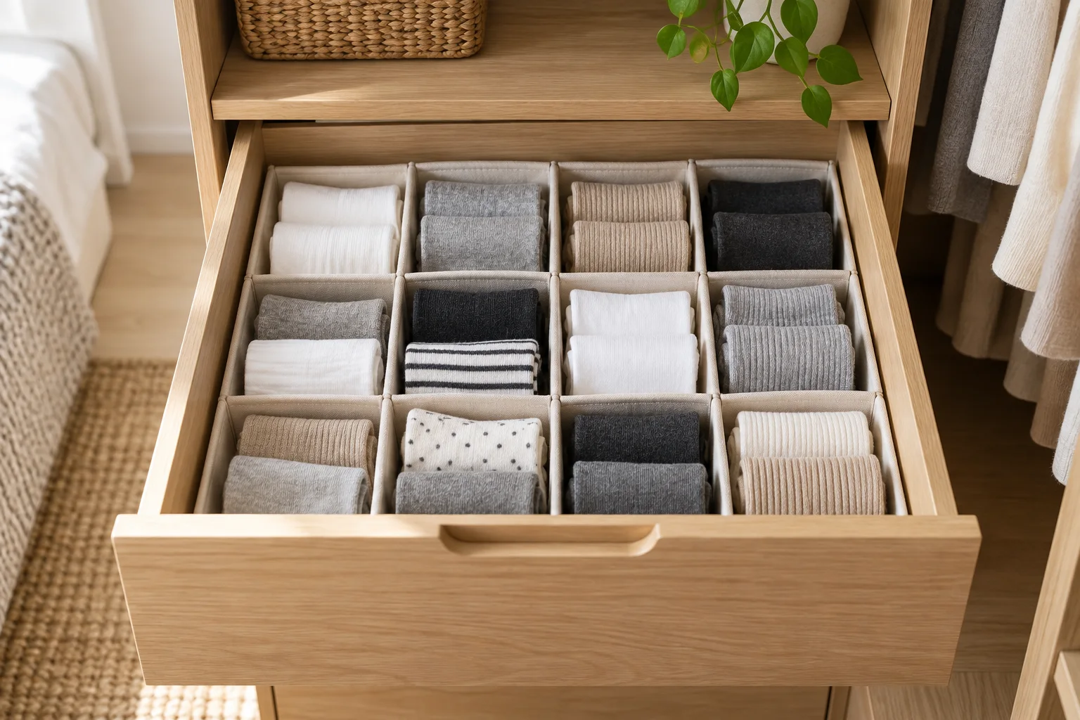 Sertar din lemn cu șosete pliate în compartimente textile neutre