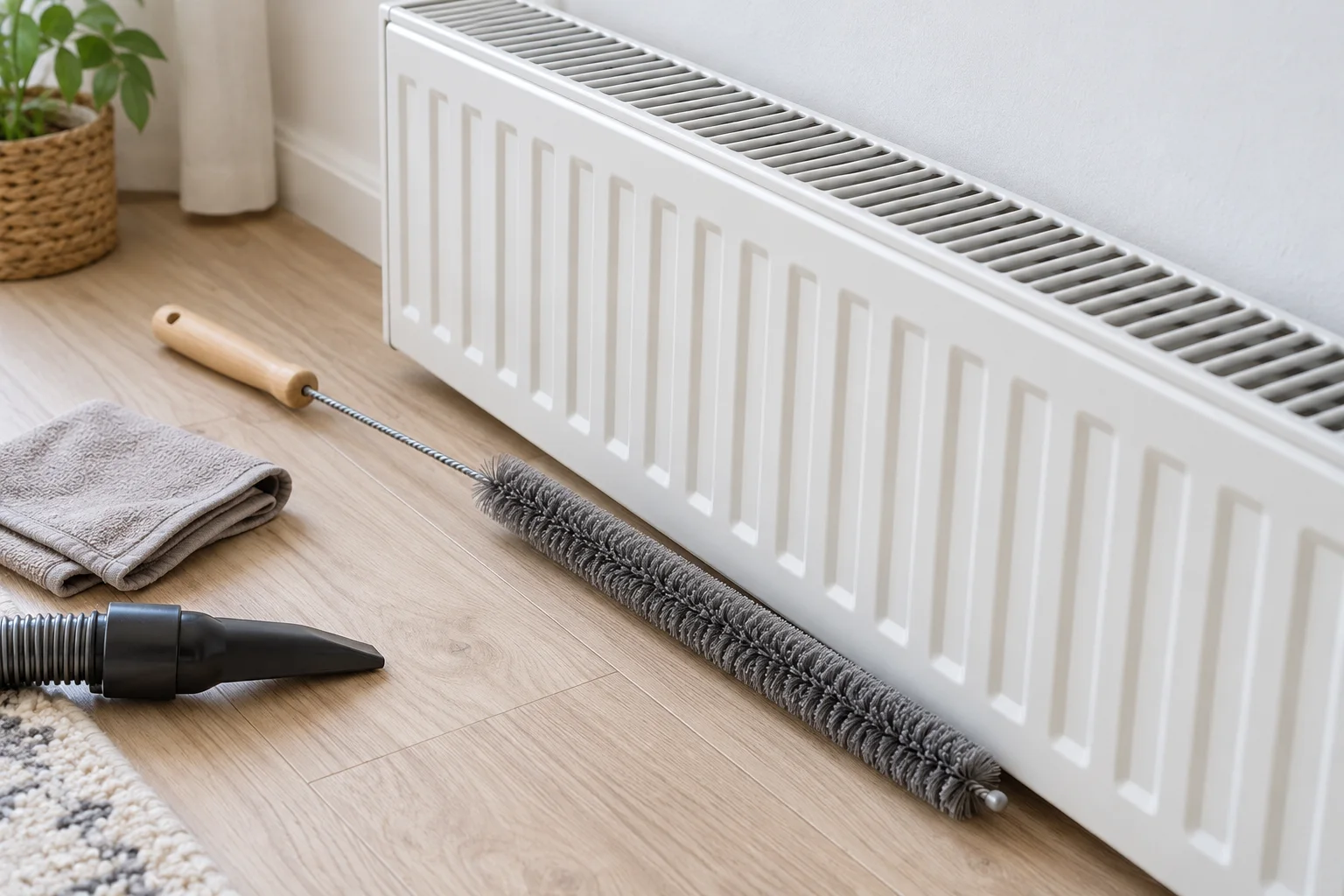 Perie lungă și flexibilă pentru curățarea unui calorifer alb într-o cameră luminoasă